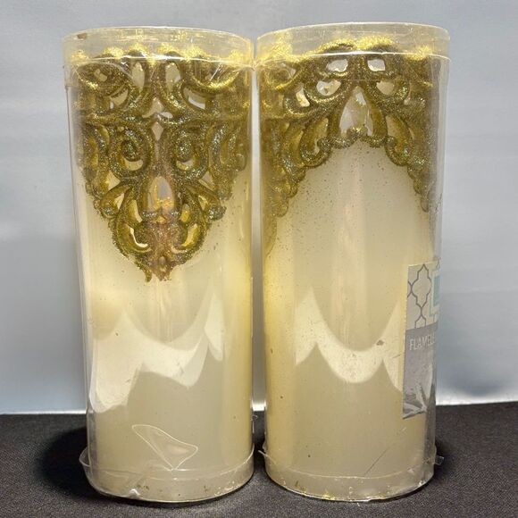 Impressions Flameless LED Pillar Candles - White and Gold - Picture 3 of 9